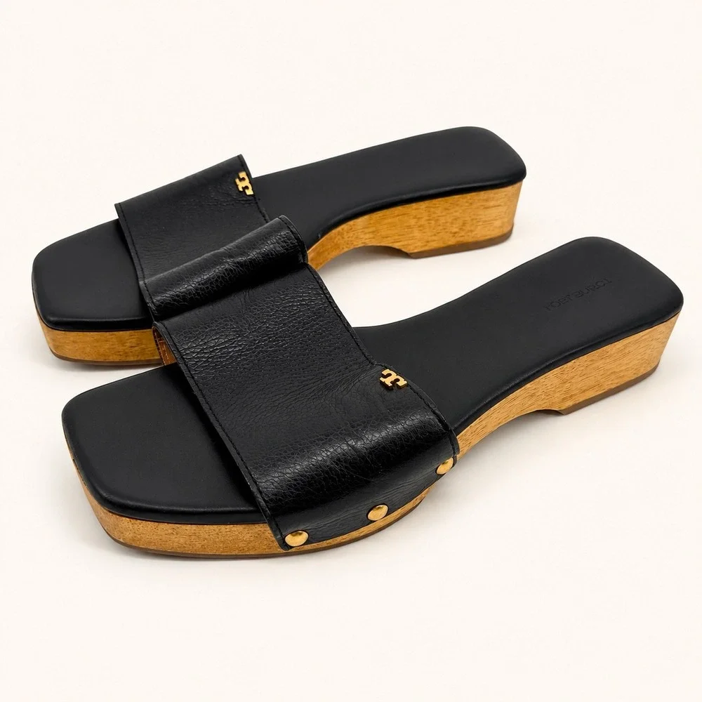 Tory Burch $298 Black Leather Clogs Sandals 9.5 Quiet Luxury Resort Capsule Chic